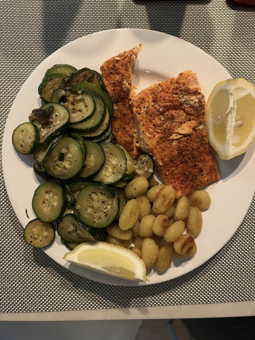Salmon with sauteed zucchini and gnocchi
